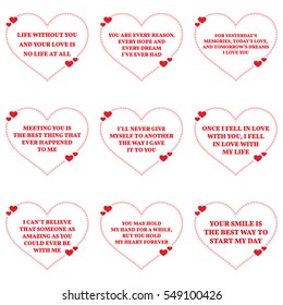 Set of love wishes quotes over white background. Simple heart shape design. Vector illustration