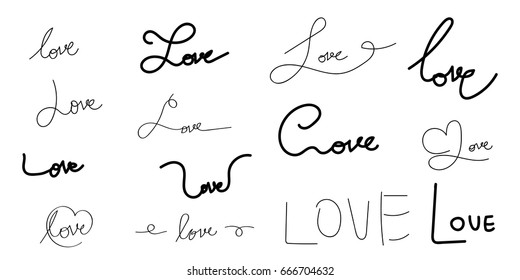Set "Love" word hand draw calligraphy vector illustration