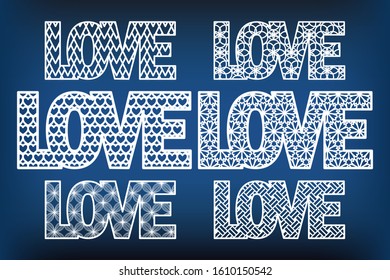 Set of love word patterns with different patterns for laser cutting, wood carving, paper cut. Decor for the wedding and St. Valentine's Day. Stencil for cutout.  Vector illustration in paper style.