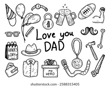 Set of Love you Dad hand drawn doodle. Happy Father's Day. Celebrating the best daddy. Gifts for man, glasses, hat, belt, tools, shirt. Fatherhood. Men's holiday. Vector line art illustration.