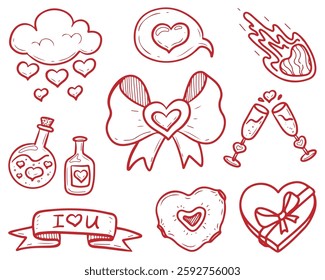 Set I Love You. Hand drawn doodle. Bow, box of chocolates heart, champagne, elixir, meteorite. Valentine's Day. Romantic mood. Vector line art illustration.