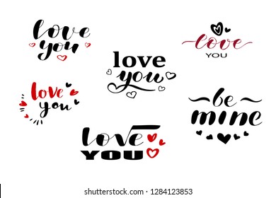  Set of 'LOVE YOU' lettering typography poster for Valentine's day card, greeting, banner, invitation template. Lettering typography on white background with red hearts.