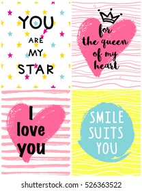 A set of I love you, For the queen of my heart, Smile suits you, You are my star phrase and hand drawn crown. 
Happy Valentines day card.
Cute cards for Saint Valentines day.