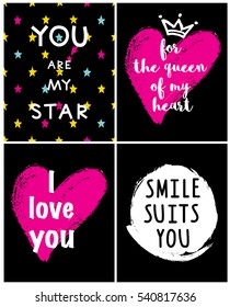 A set of I love you, For the queen of my heart, Smile suits, You are my star phrase and crown. 
Vector Illustration for Valentines day background.