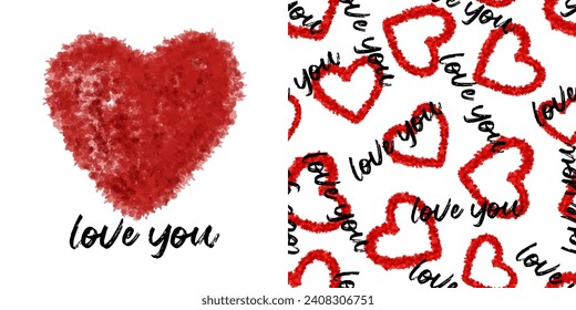 Set of Love you text for Valentines Day with Heart background Seamless Pattern