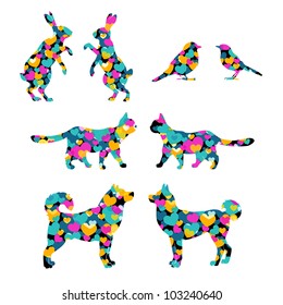 Set of lovely animal lovers couples: hares, birds, cats, dogs.