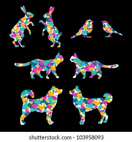 Set of lovely animal lovers couples: hares, birds, cats, dogs.