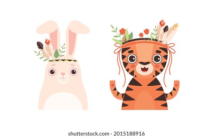 Set of Lovely Animal with Wreath of Flowers on Head, Spring Portraits of Bunny and Tiger Lovely Baby Animals Cartoon Vector Illustration