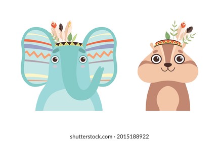 Set of Lovely Animal with Wreath of Flowers on Head, Spring Portraits of Elephant and Chipmunk, Lovely Baby Animals Cartoon Vector Illustration