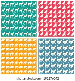 Set of lovely animals silhouettes patterns: elephants, cats, roes, birds.