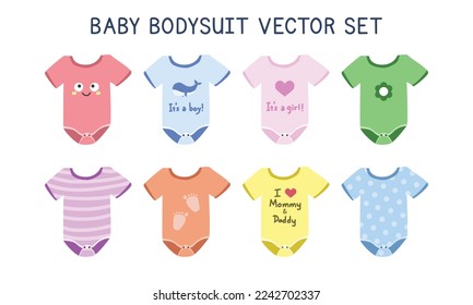 Set of lovely baby bodysuit clipart. Simple cute baby bodysuit with kawaii designs flat vector illustration. Baby bodysuit, body children, baby shirt, romper, clothes for newborns cartoon drawing