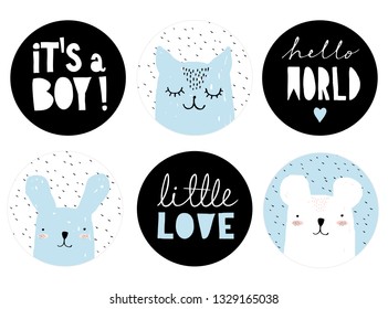 Set of Lovely Baby Boy Party Vector Decoration. 6 Round Shape Candy Bar Toppers. Blue Bunny and Cat on a White. White Teddy Bear on a Blue.Sweet Nursery Art. Cute Hand Drawn Infantile Party Tag Set.