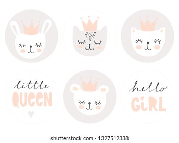 Set of Lovely Baby Girl Party Vector Decoration. 6 Round Shape Candy Bar Toppers. Bunny, Cats and Teddy Bear Wearing Pink Crown. Sweet Nursery Art. Cute Pastel Color Infantile Party Tags for Kids.