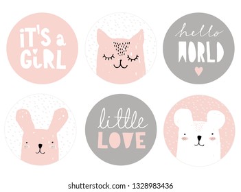 Set of Lovely Baby Girl Party Vector Decoration. 6 Round Shape Candy Bar Toppers. Pink Bunny and Cat on a White. White Teddy Bear on a Pink. Sweet Nursery Art. Cute Infantile Style Party Tag Set.