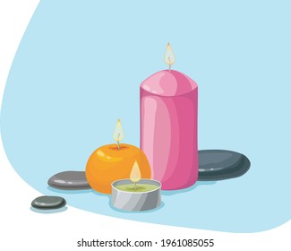 set of lovely beautiful candles for spa on background