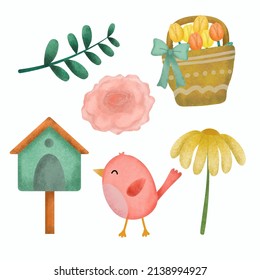 Set of lovely birds, bird house leaf, basket and flowers, cartoon animal drawing watercolor element for graphic designer, vector illustration