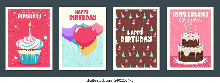 Set of Lovely birthday cards. Cute greeting card or covers with birthday cake, candles, balloons and sweet cake. Design for party invitation. Cartoon flat vector collection isolated on gray background