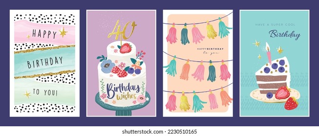 Set of lovely birthday cards design with cakes and party decorations.