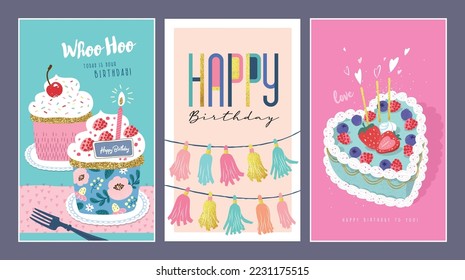 Set of lovely birthday cards design with cupcakes, cakes and party decorations.