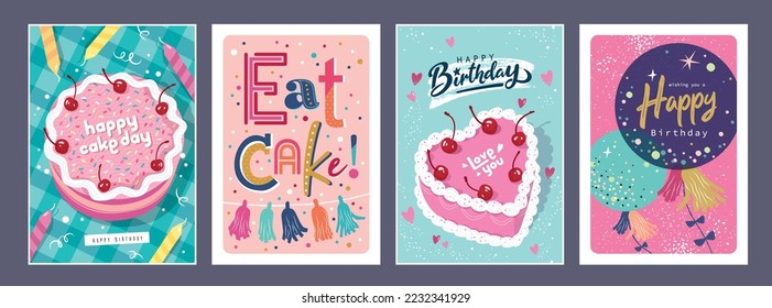 Set of lovely birthday cards design with cakes, balloons and party decorations.