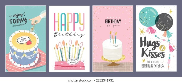 Set of lovely birthday cards design with cakes, balloons and typography design.