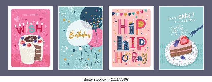 Set of lovely birthday cards design with cakes, balloons and typography design.