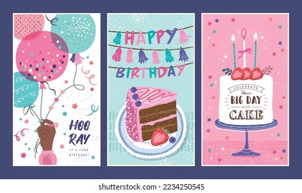 Set of lovely birthday cards design with cakes, balloons and typography design.