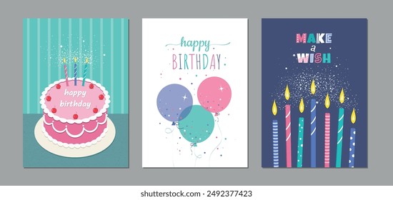 Conjunto de diseño de tarjetas de cumpleaños con pastel, globos, vela de cumpleaños y tipografía. Ilustración vectorial.