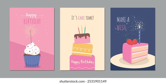 Conjunto de diseño de tarjetas de cumpleaños encantador con pastel, globos, vela de cumpleaños, cupcake y tipografía. Ilustración vectorial.