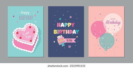 Conjunto de diseño de tarjetas de cumpleaños preciosas con pastel vintage, globos y tipografía. Ilustración vectorial.