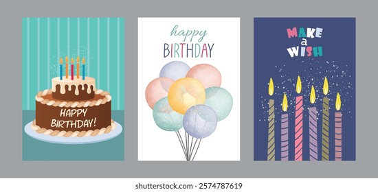 Set of lovely birthday cards design with cake, balloons, birthday candle and typography. Vector illustration.