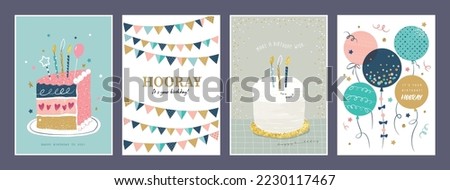 Set of lovely birthday cards design with cakes, party flags and balloons.