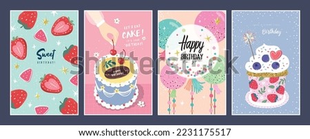Set of lovely birthday cards design with cupcakes, cakes and balloons.