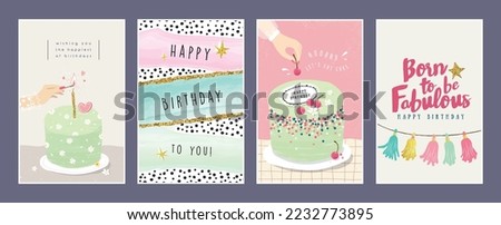 Set of lovely birthday cards design with cakes, party decorations and typography design.
