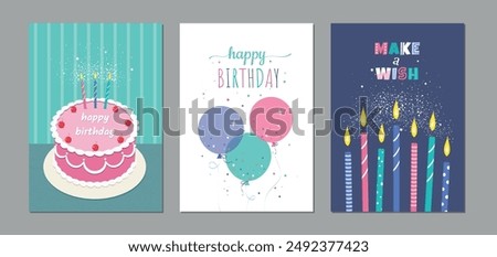 Set of lovely birthday cards design with cake, balloons, birthday candle and typography. Vector illustration.