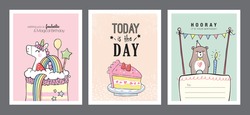 Set Of Lovely Birthday Greeting Cards With Cakes