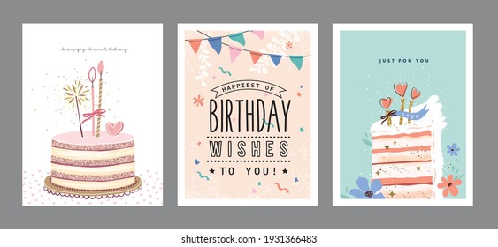 Set of lovely birthday greeting cards with cakes - Shutterstock ID 1931366483
