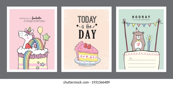 Set of lovely birthday greeting cards with cakes