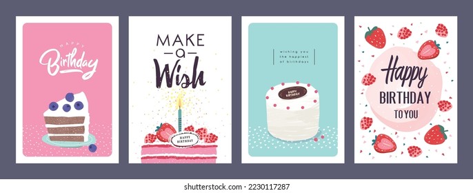 Set of lovely birthday greeting cards with cakes, strawberries and lettering.