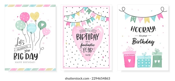 Set of lovely birthday greeting cards with balloons, gifts, confetti and decoration - vector design