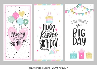 Set of lovely birthday greeting cards with cakes, balloons, gifts and cute typography