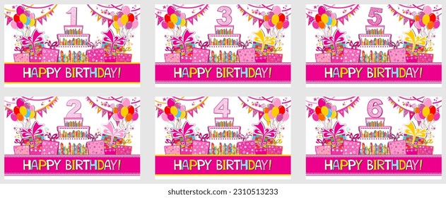 Set of lovely birthday greeting cards with cakes. Happy birthday card invitation with candle number editable. Design element for greeting card, poster, banner , flyer and advertising.  vector 
