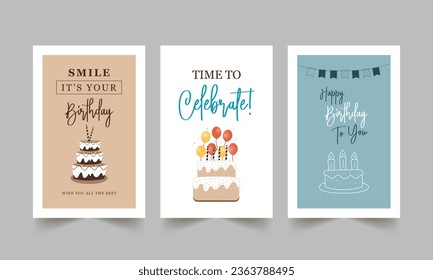 Set of lovely birthday greeting cards and invitation cards with cake, balloons, and typography design