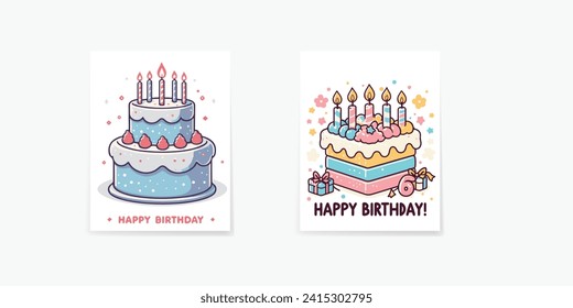 Set of lovely birthday greeting cards with cakes