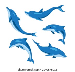 Set of lovely blue dolphins from different angles on white background. Vector beautiful characters dolphins in cartoon style.