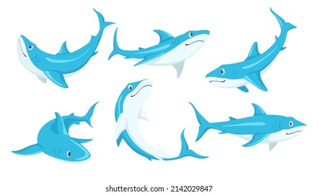 Set of lovely blue sharkss from different angles on white background. Vector beautiful characters sharks in cartoon style.