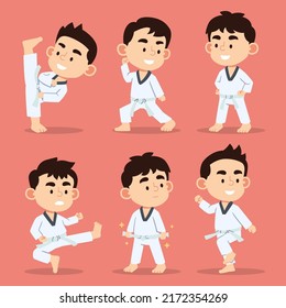 Conjunto de adorables chicos con atletas de Taekwondo o judo muestran artes marciales en diferentes poses en personajes de caricatura, ilustración vectorial