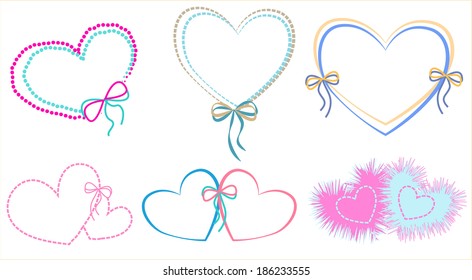 A set of lovely bright embroidered frames of threads with hearts, bows and ribbons