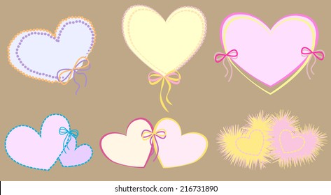 A set of lovely bright embroidered frames of threads with hearts, bows and ribbons