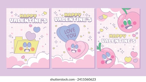 Set lovely cards, posters, backgrounds, kawaii Trendy love slogan. Love concept. Happy Valentines Day. Retro 90s cartoon style. Pink, purple and blue color.